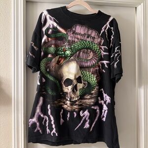 American Thunder Black Graphic Tee with Green Snake and Skull